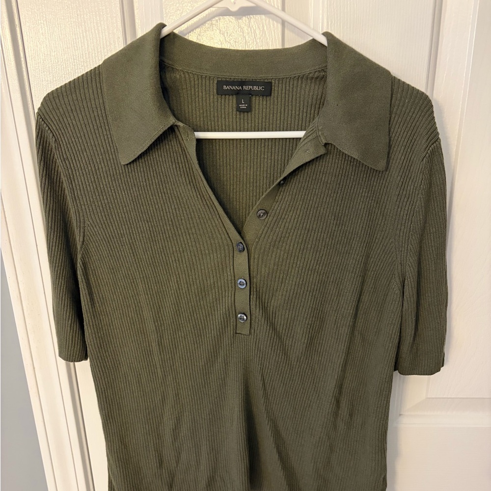 Banana Republic Factory Olive Green Ribbed Polo Short Sleeve Sweater
